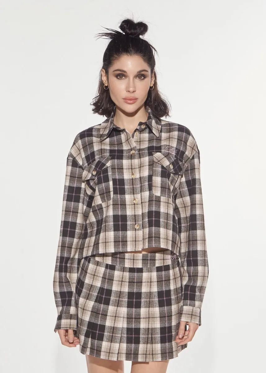 camicia cropped in flanella a quadri con ricamo denny rose, moka e beige, foto 1 di 3