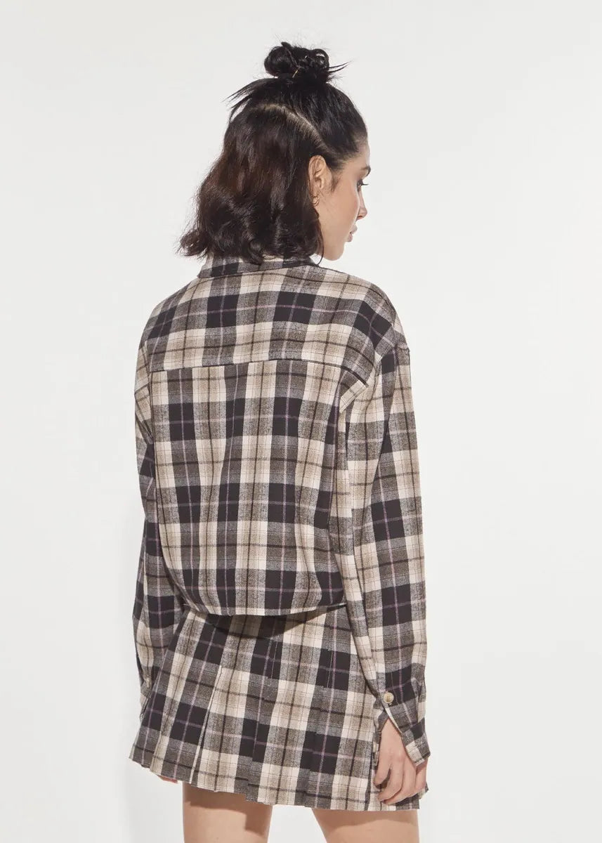 camicia cropped in flanella a quadri con ricamo denny rose, moka e beige, foto 3 di 3