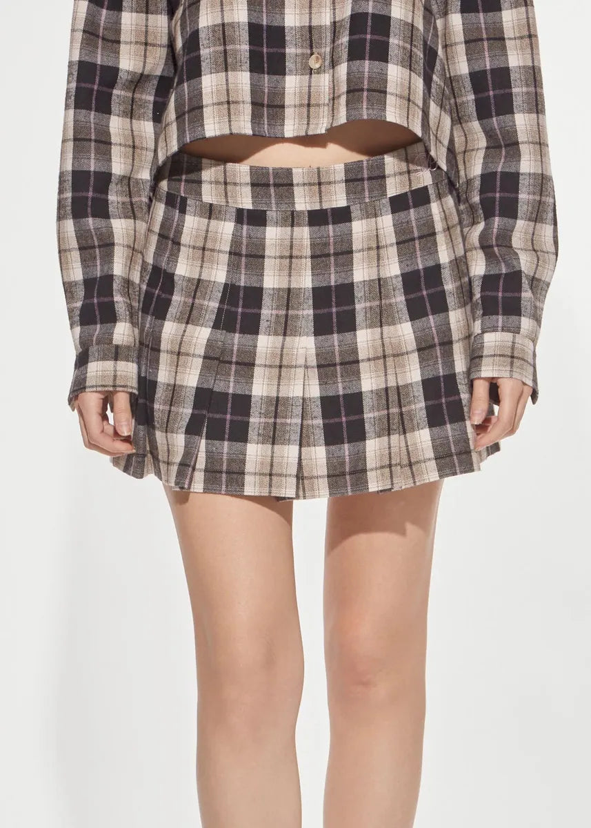 minigonna a pieghe in flanella tartan denny rose, moka e beige, foto 1 di 3