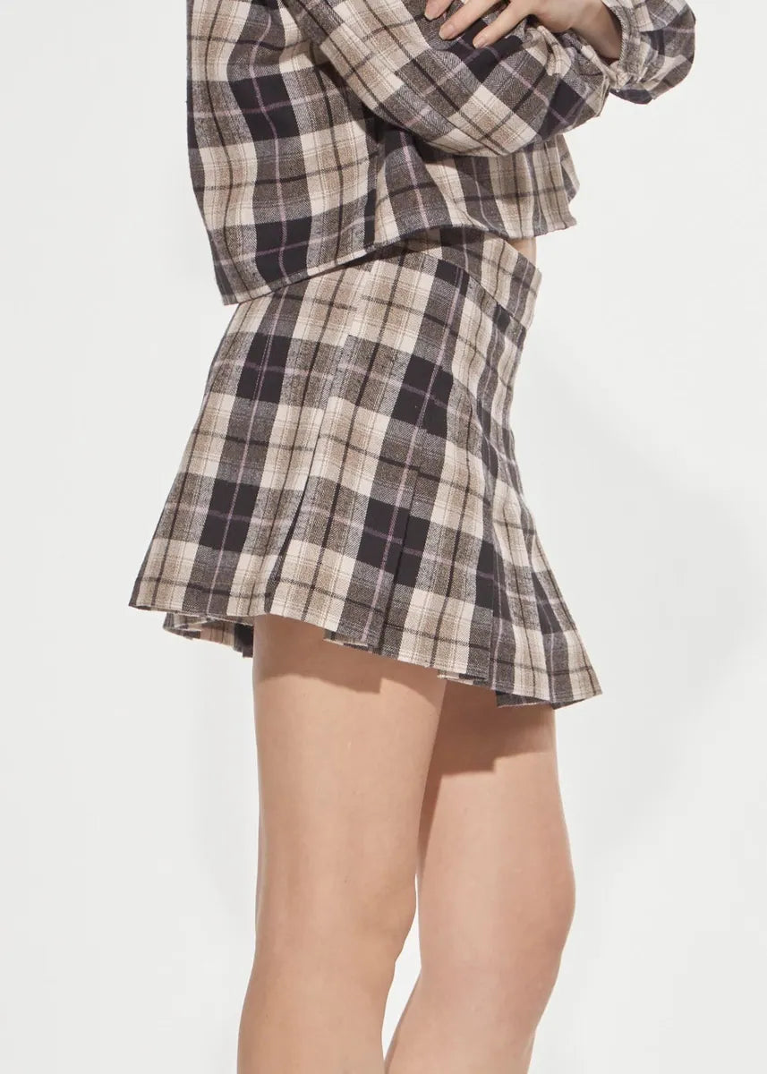 minigonna a pieghe in flanella tartan denny rose, moka e beige, foto 2 di 3