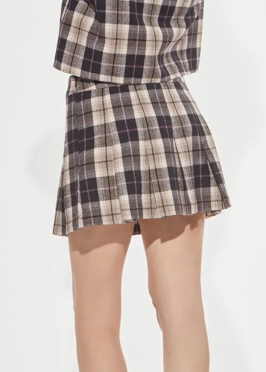 minigonna a pieghe in flanella tartan denny rose, moka e beige, foto 3 di 3