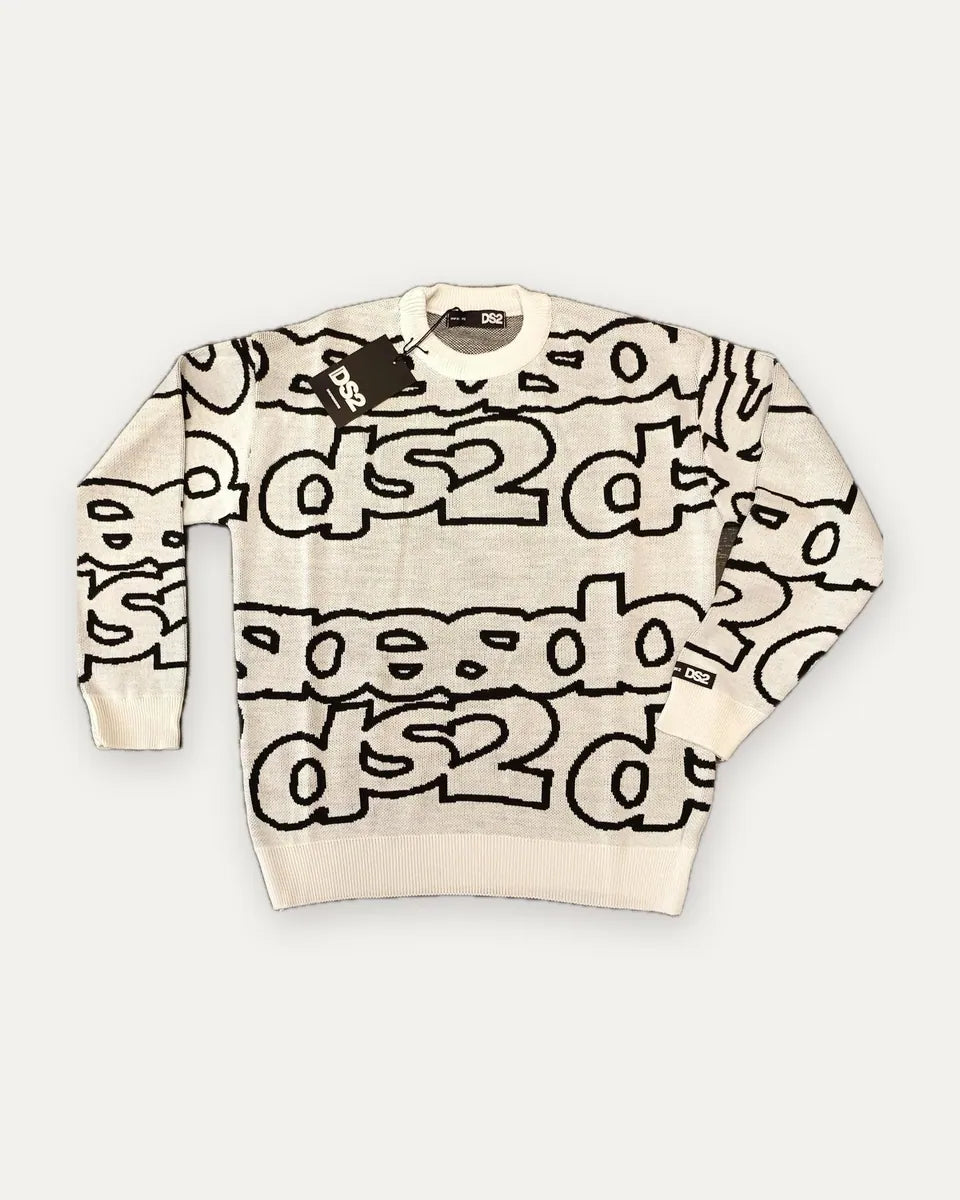 maglione con scritte ds2 a intarsio ds2, bianco e nero