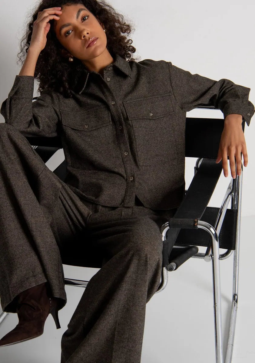 camicia oversize in tweed misto lana fracomina, marrone, foto 2 di 4