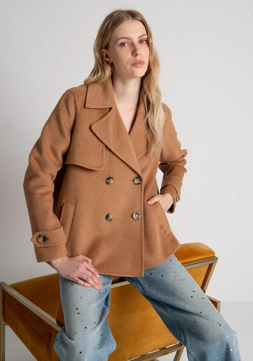 cappotto doppiopetto in panno misto lana, linea ad a fracomina, cammello, foto 2 di 4