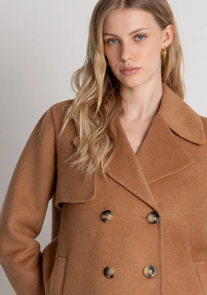 cappotto doppiopetto in panno misto lana, linea ad a fracomina, cammello, foto 3 di 4
