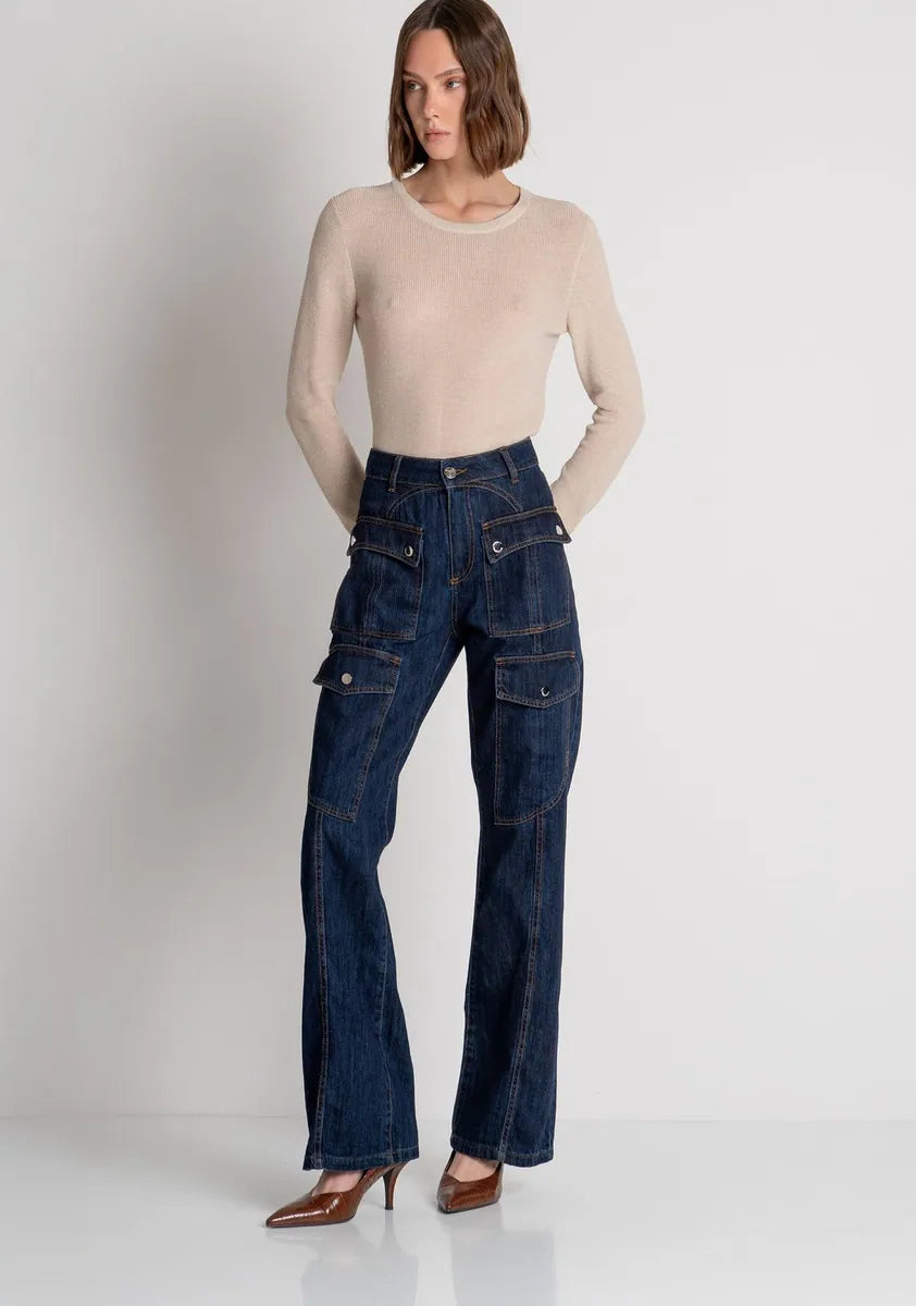 jeans bootcut a vita alta con tasconi fracomina, blu scuro, foto 2 di 4