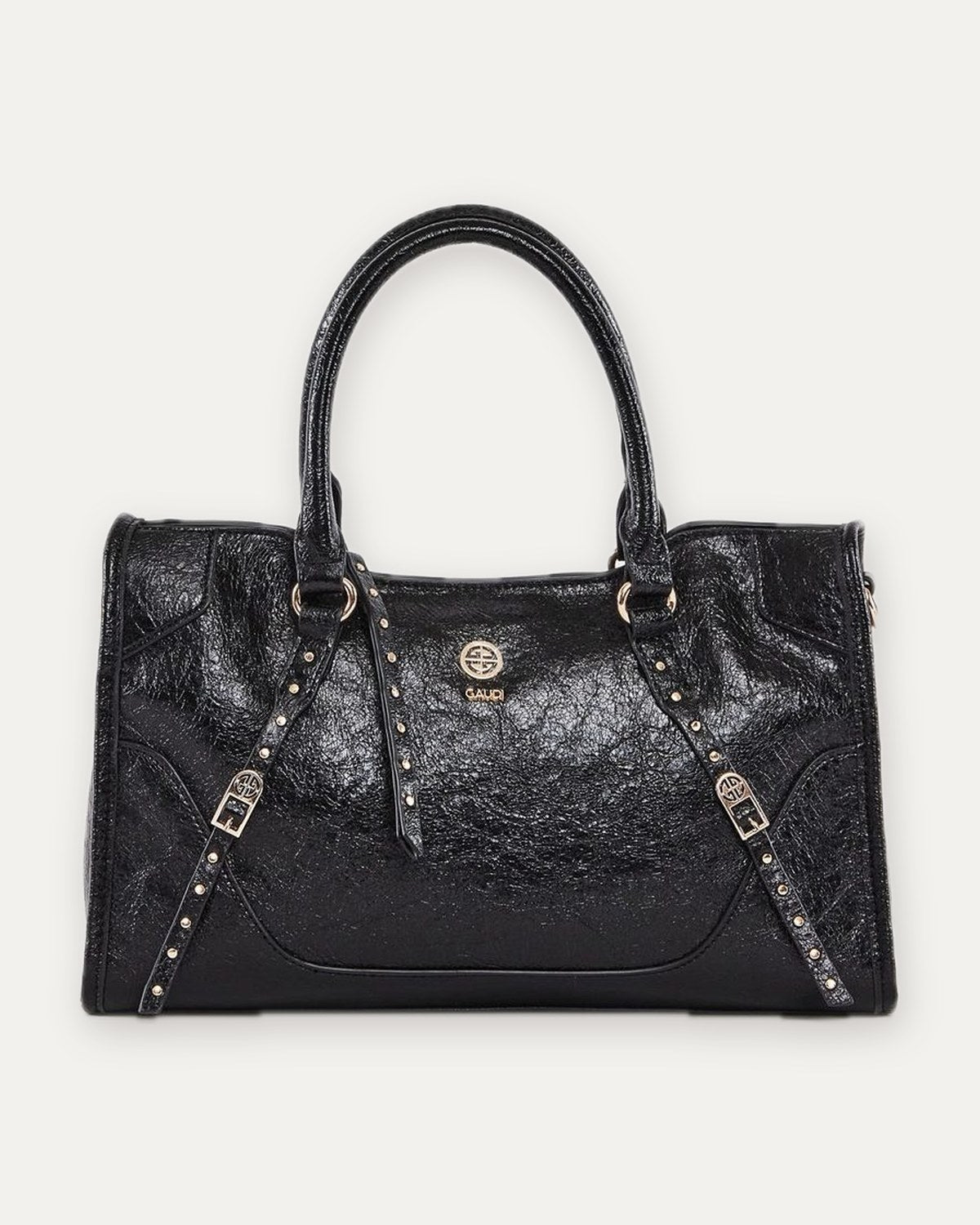 borsa a mano lucida con borchie gaudì, nero, foto 1 di 3
