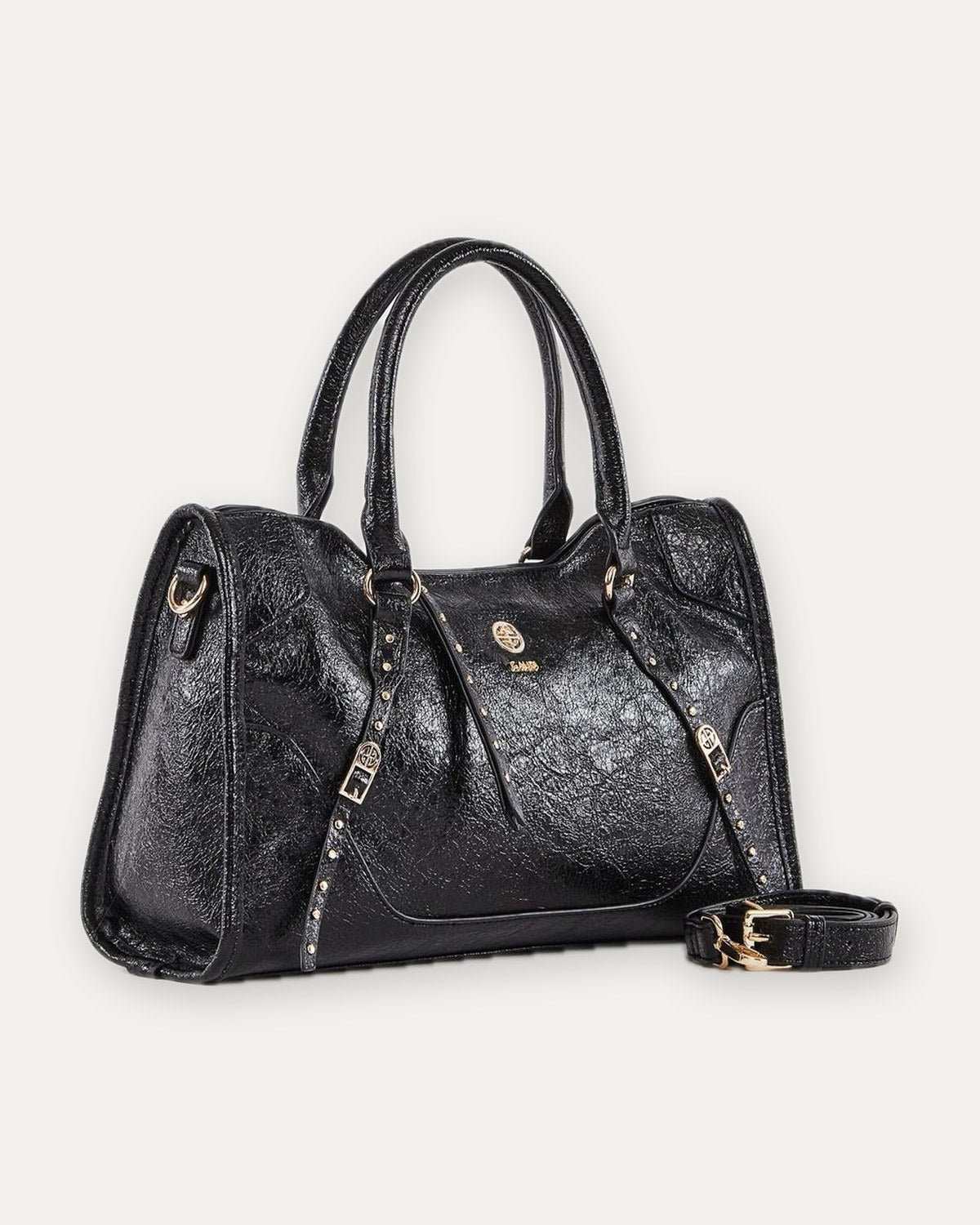 borsa a mano lucida con borchie gaudì, nero, foto 2 di 3