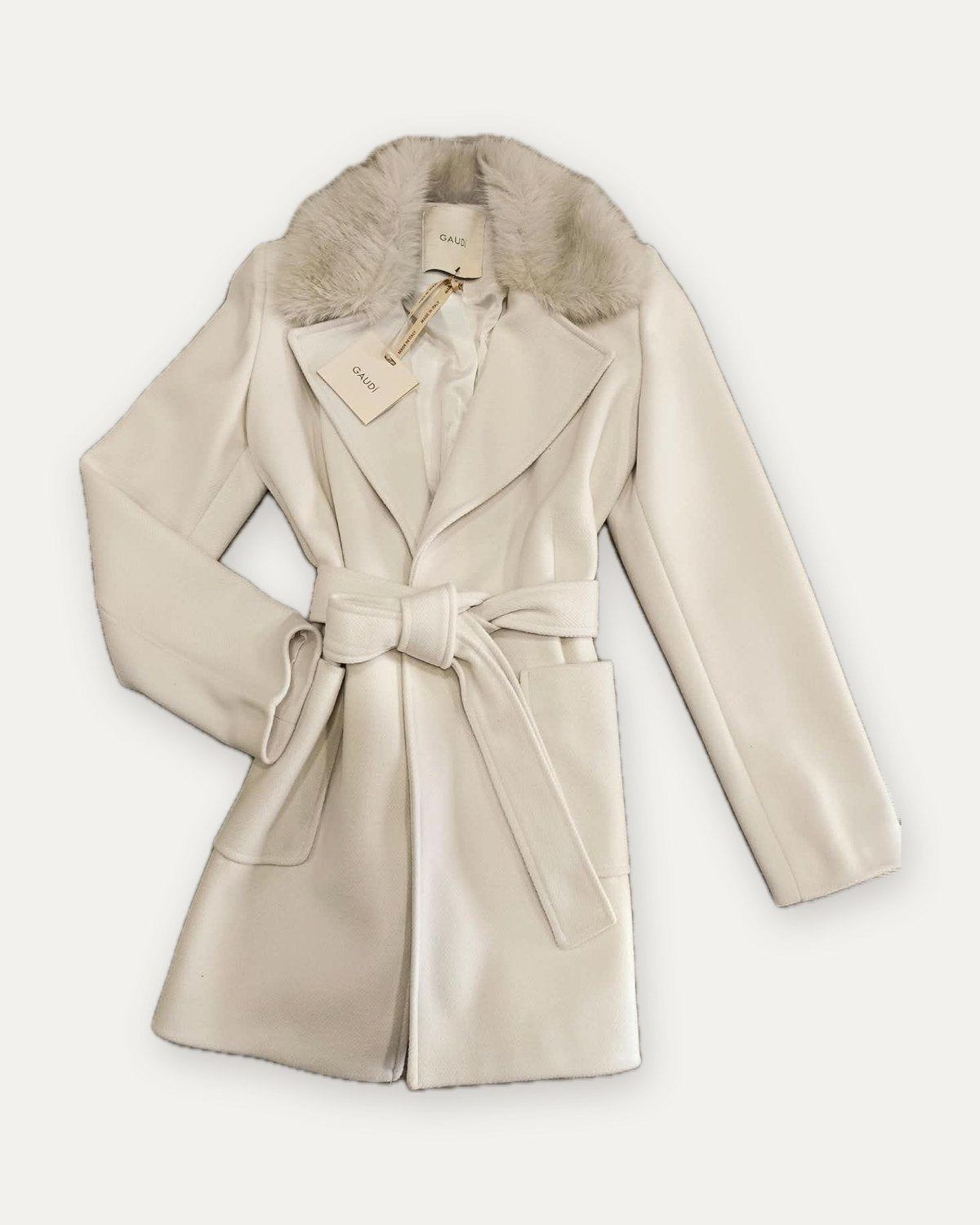 cappotto con cintura e collo in pelo gaudì, avorio