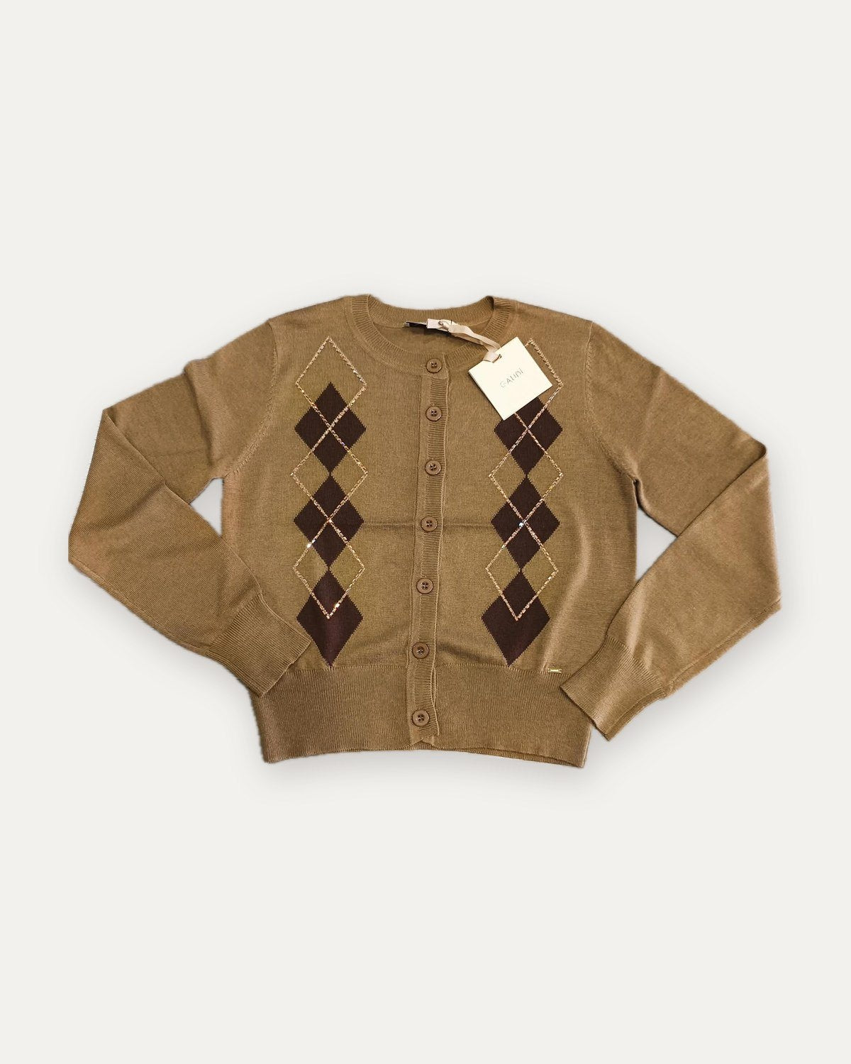 cardigan a rombi con strass gaudì, cammello