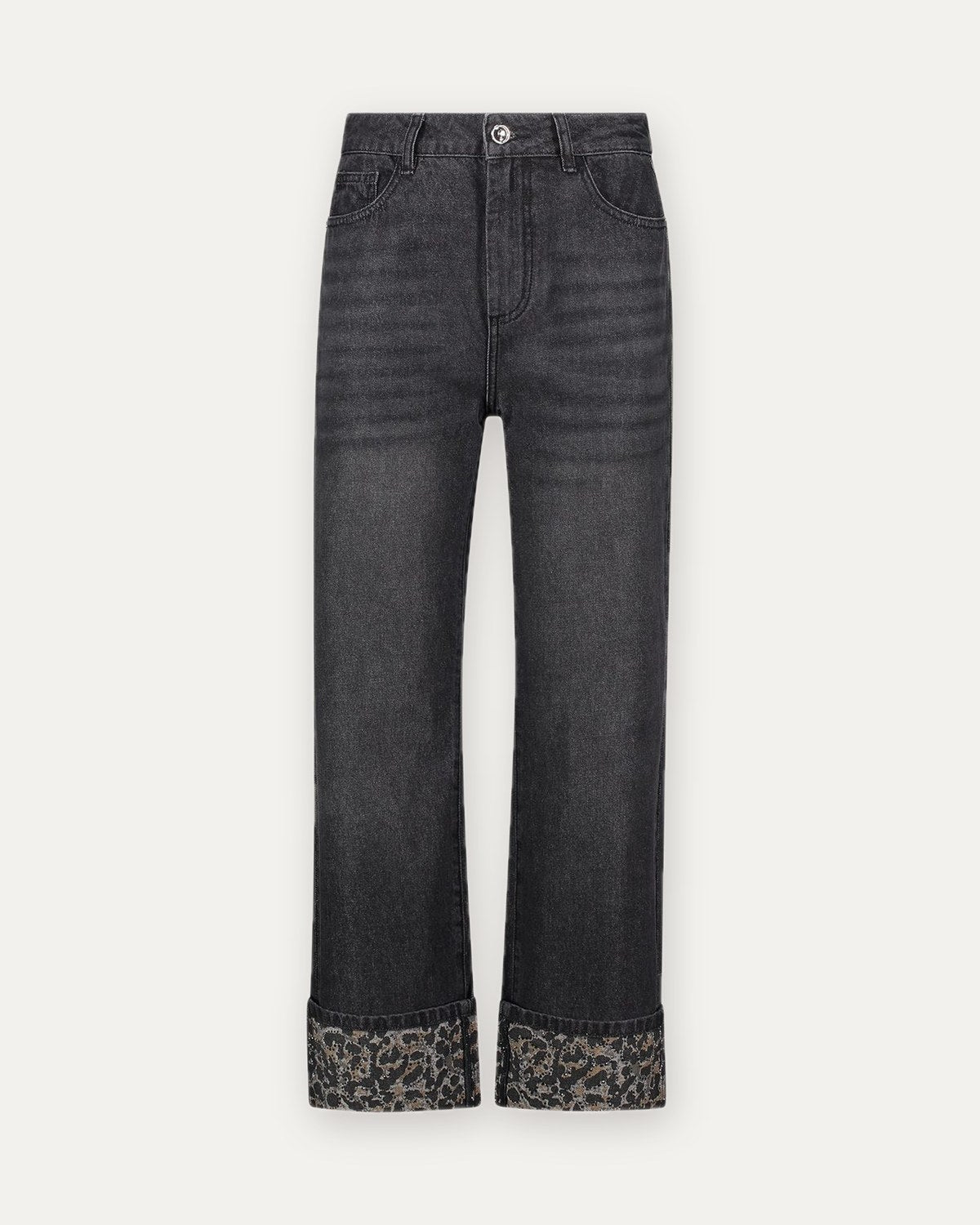 jeans a gamba dritta con risvolto leopardato gaudì, nero, foto 1 di 2