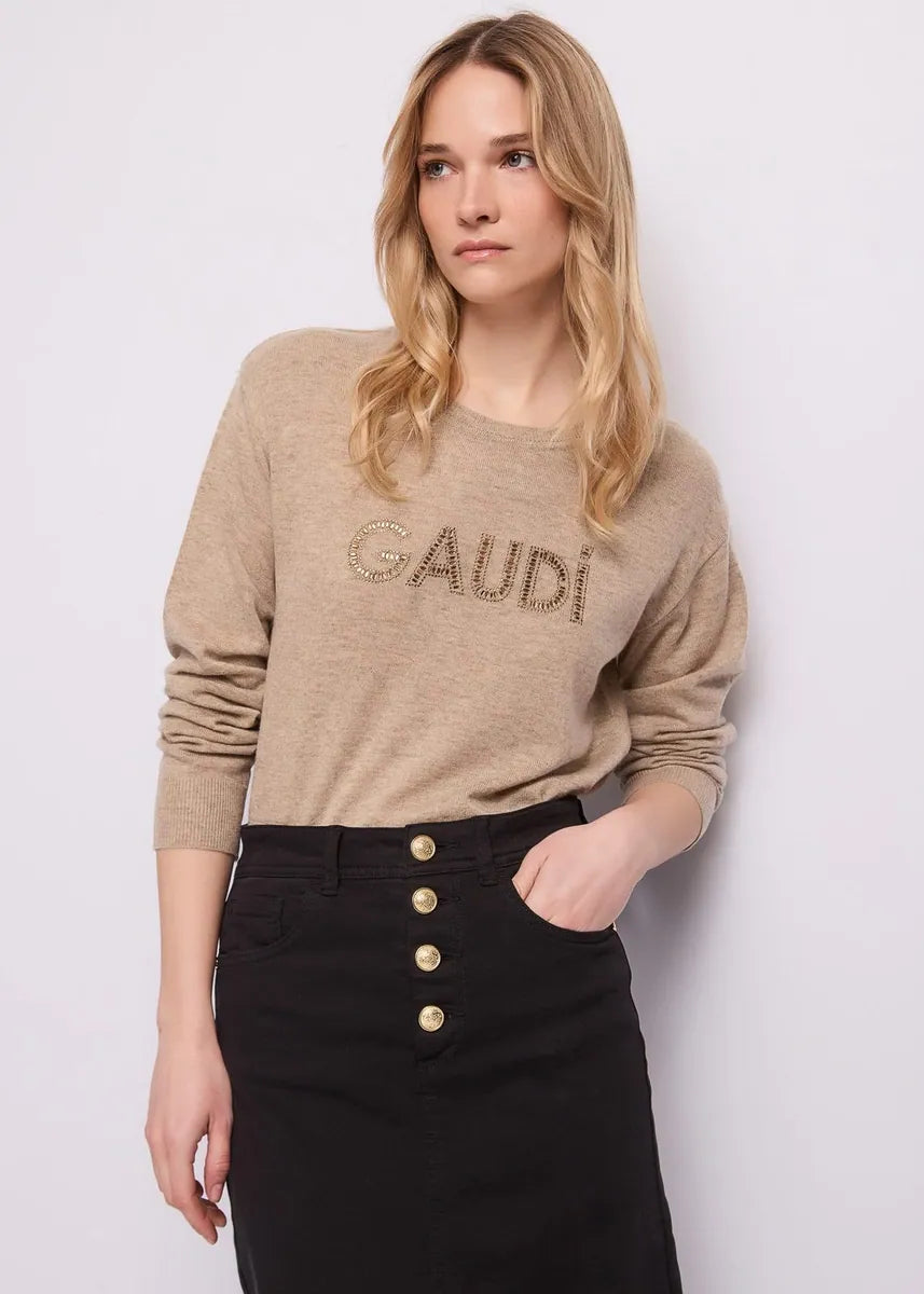 maglia con borchie e strass gaudì, naturale, foto 2 di 4