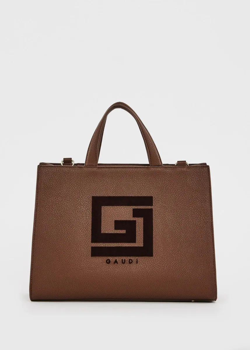 shopping bag con logo e tracolla gaudì, marrone, foto 1 di 4