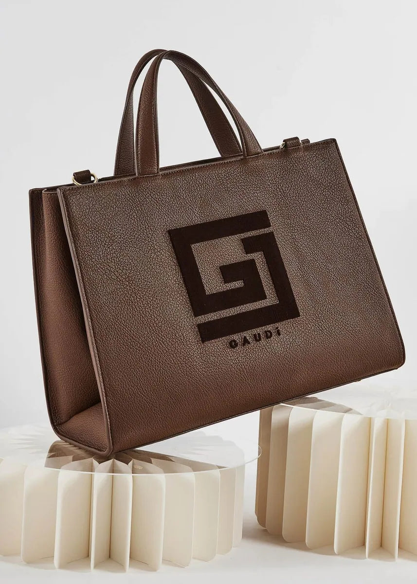 shopping bag con logo e tracolla gaudì, marrone, foto 2 di 4