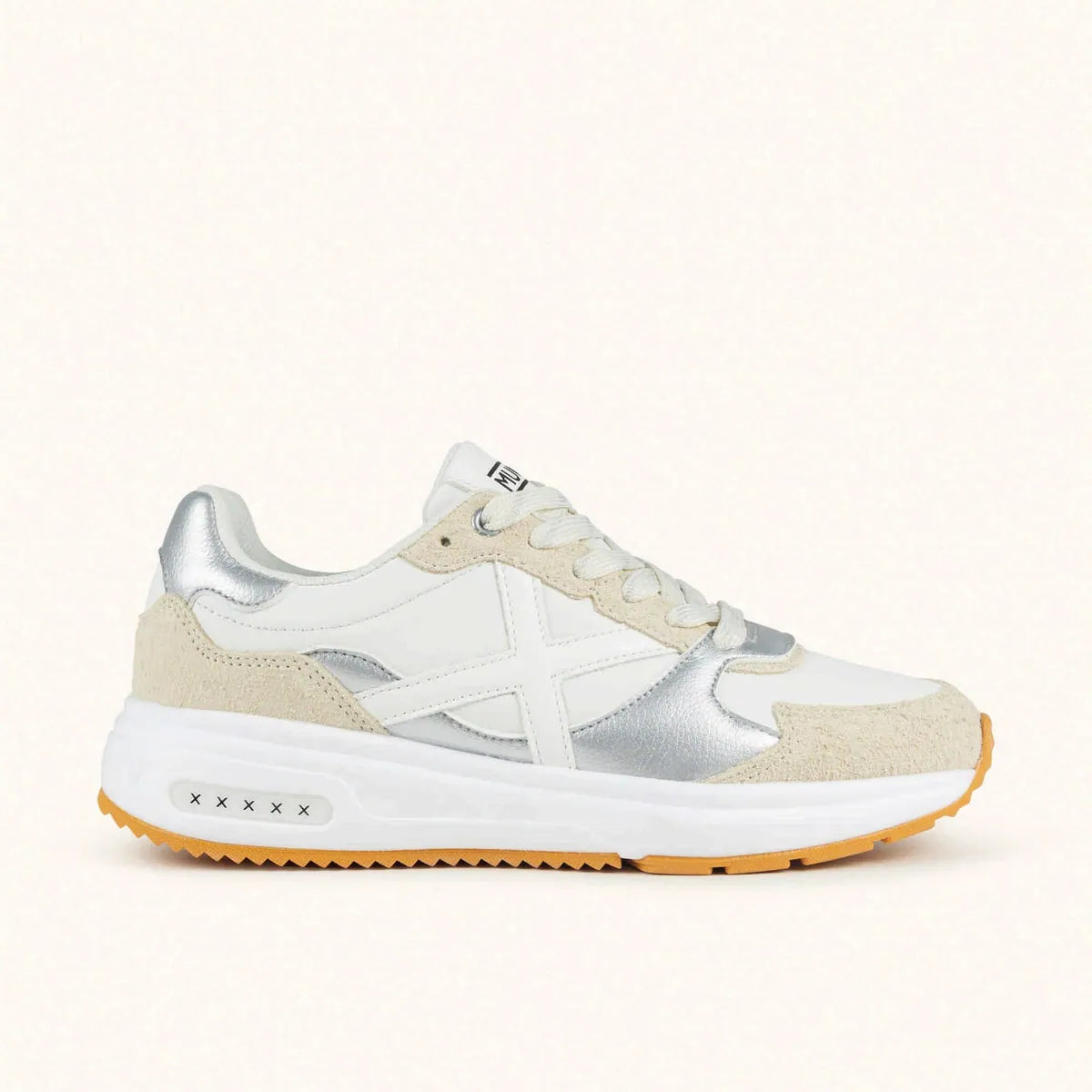 sneaker aurea con inserti scamosciati munich, bianco, argento e beige, foto 1 di 4