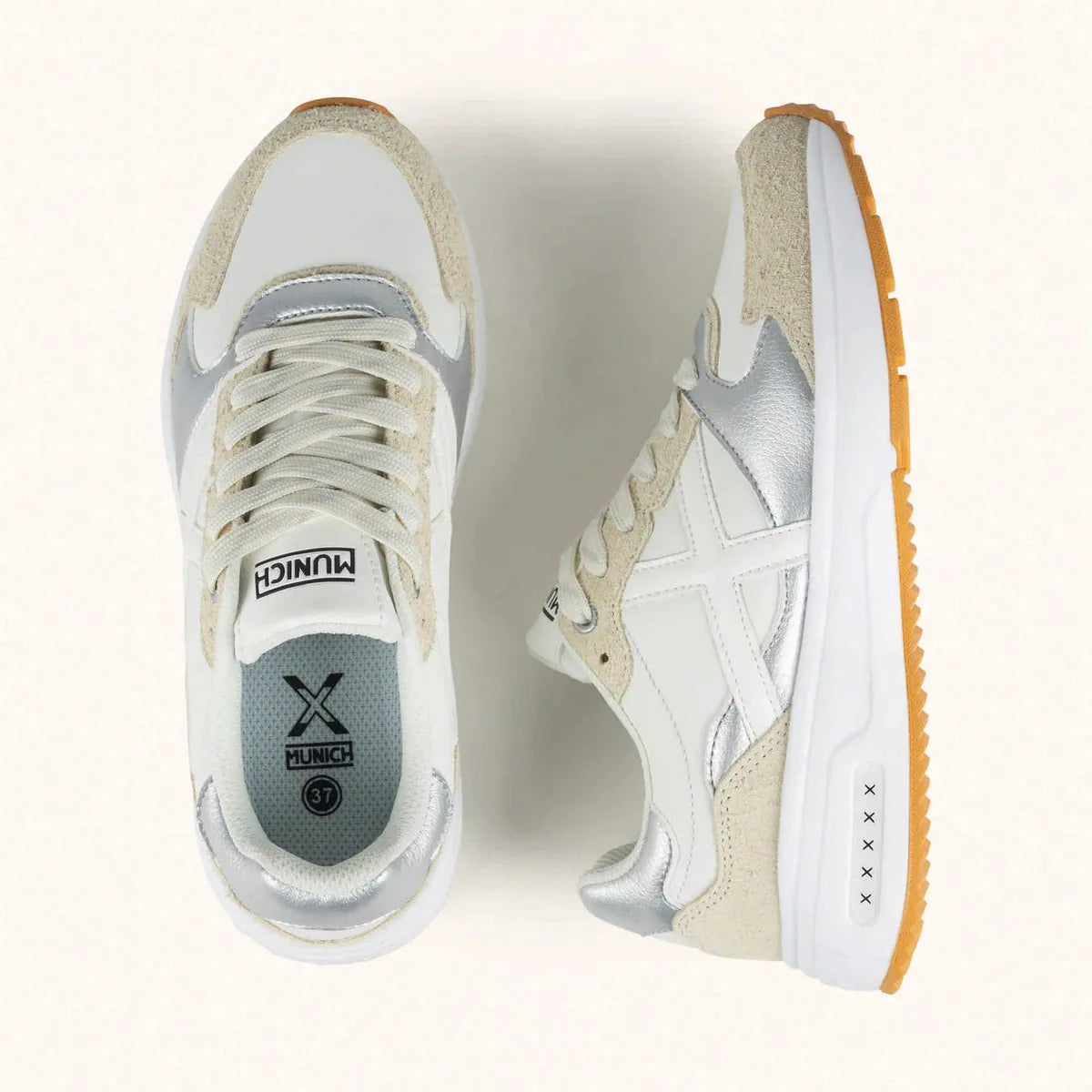 sneaker aurea con inserti scamosciati munich, bianco, argento e beige, foto 4 di 4