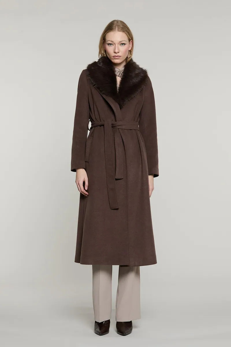 cappotto lungo con cintura e collo staccabile relish, marrone, foto 1 di 4