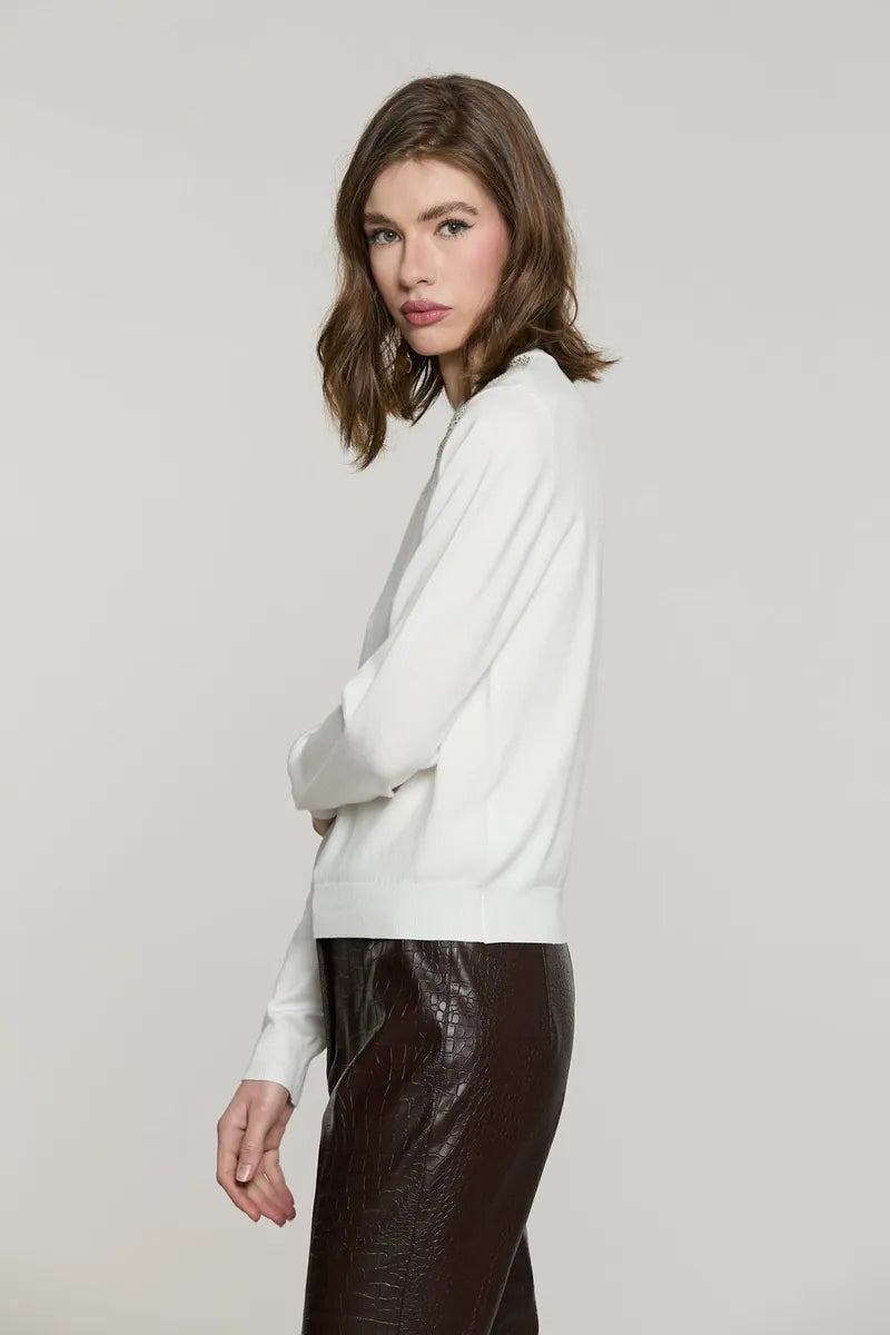 maglia girocollo con strass relish, bianco latte, foto 2 di 4
