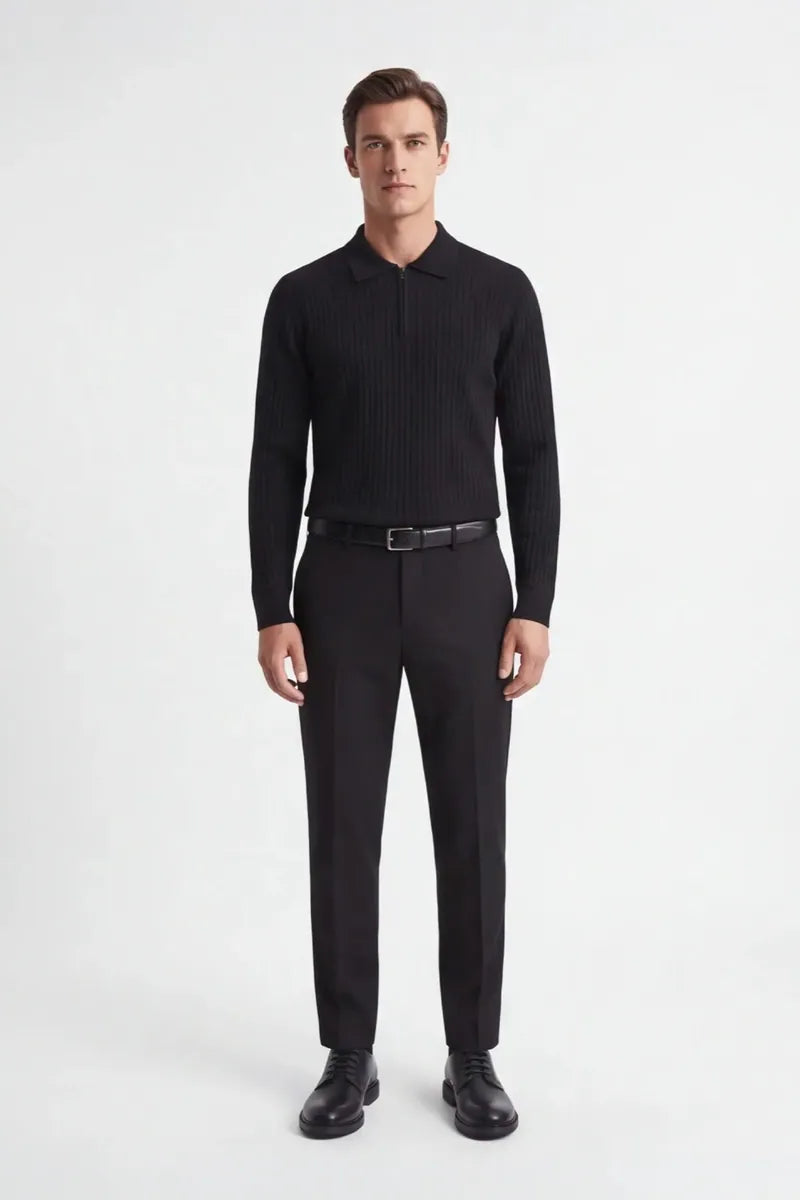 maglia a costina con collo polo e mezza zip sonny bono, nero, foto 1 di 4