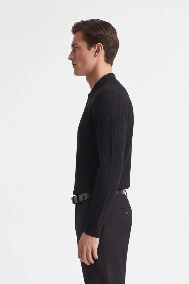 maglia a costina con collo polo e mezza zip sonny bono, nero, foto 3 di 4
