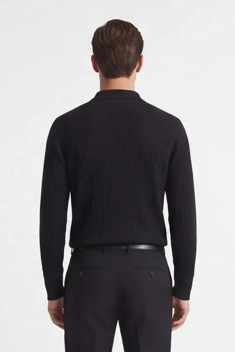 maglia a costina con collo polo e mezza zip sonny bono, nero, foto 4 di 4