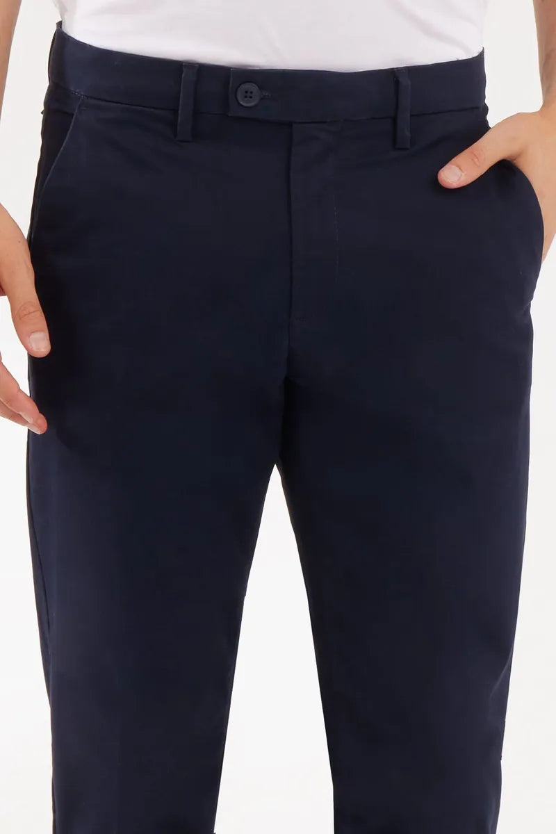 pantaloni chino slim fit in raso sorbino, blu, foto 2 di 3