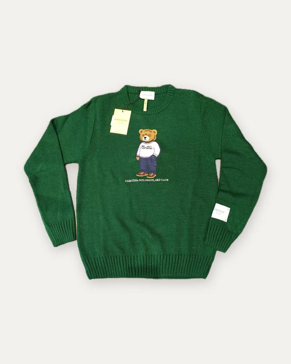 maglione girocollo cortina con orsetto superculture, verde