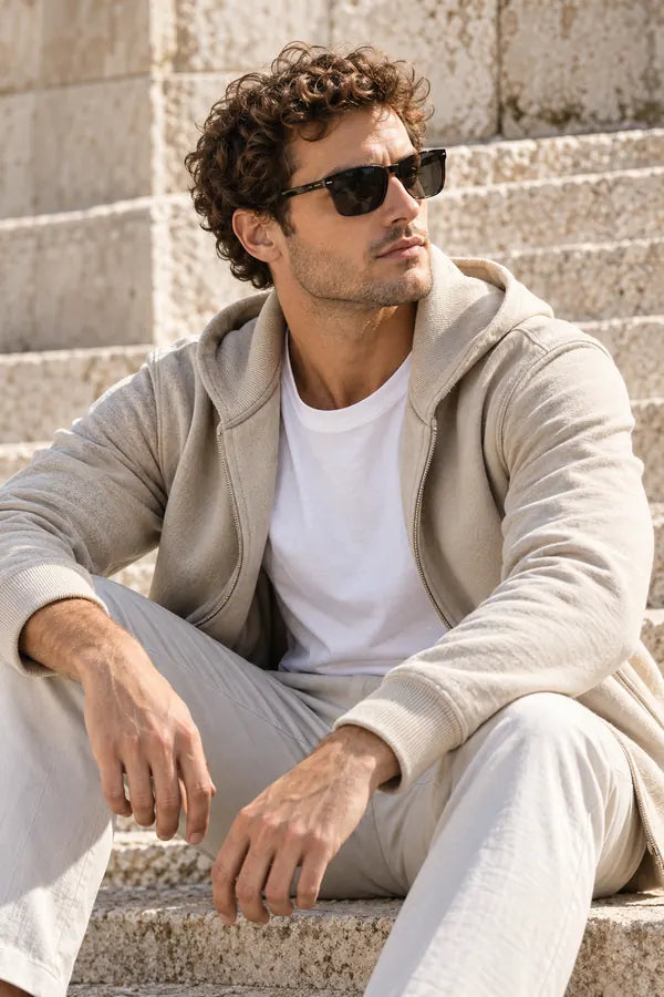 Uomo con occhiali da sole, felpa e pantaloni chiari