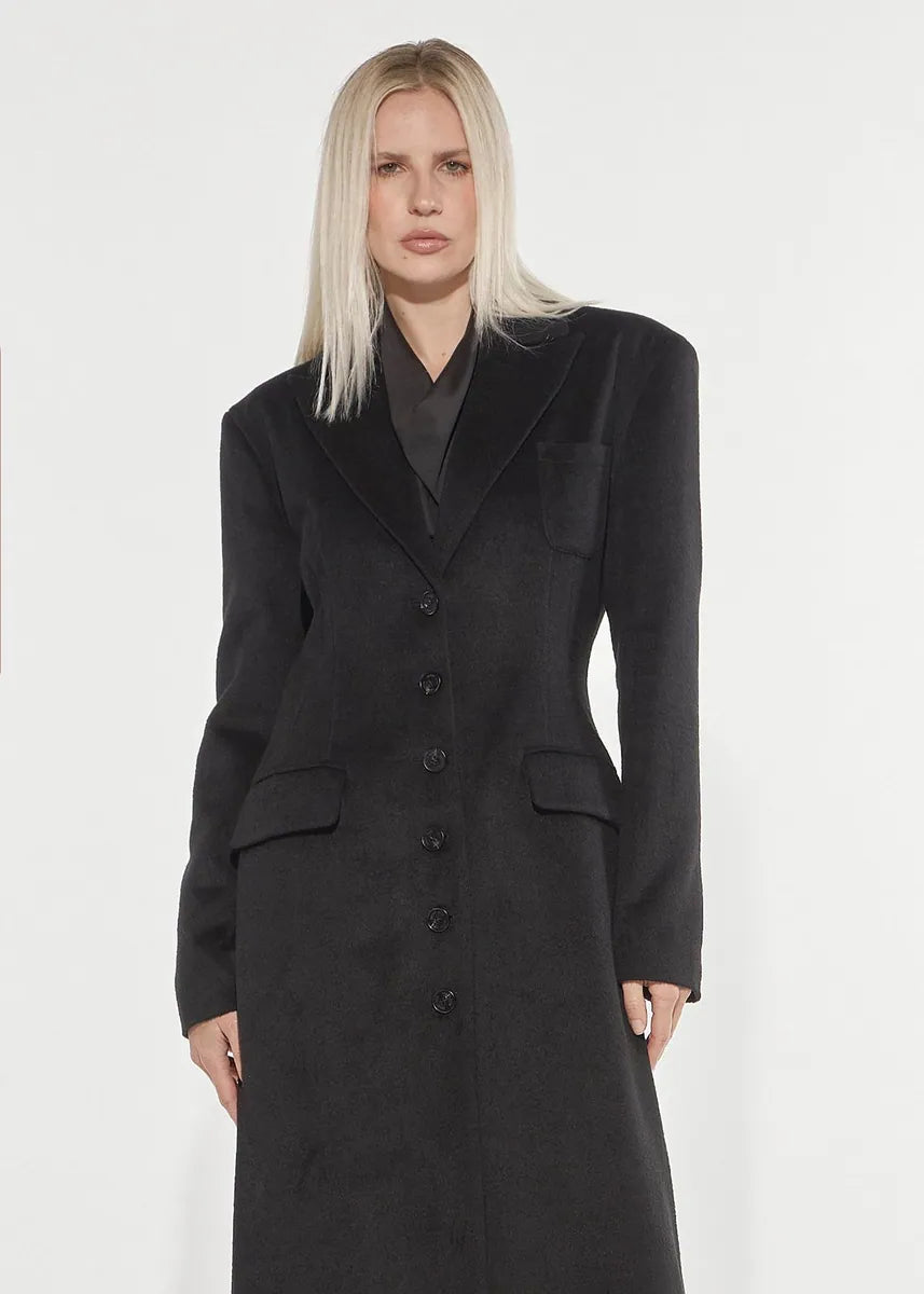 cappotto lungo in misto lana con spalle strutturate denny rose, nero, foto 1 di 4
