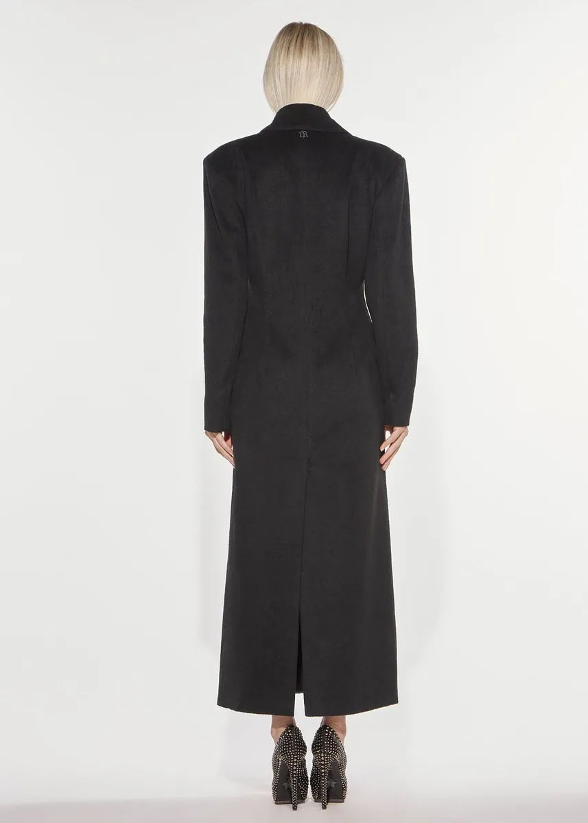 cappotto lungo in misto lana con spalle strutturate denny rose, nero, foto 3 di 4