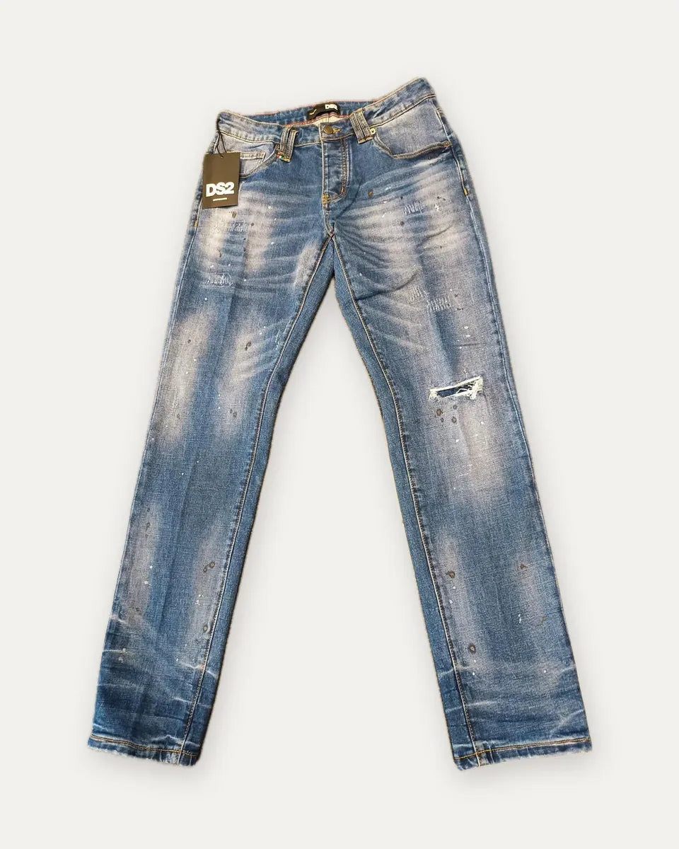 jeans con schizzi di vernice e strappo ds2, blu