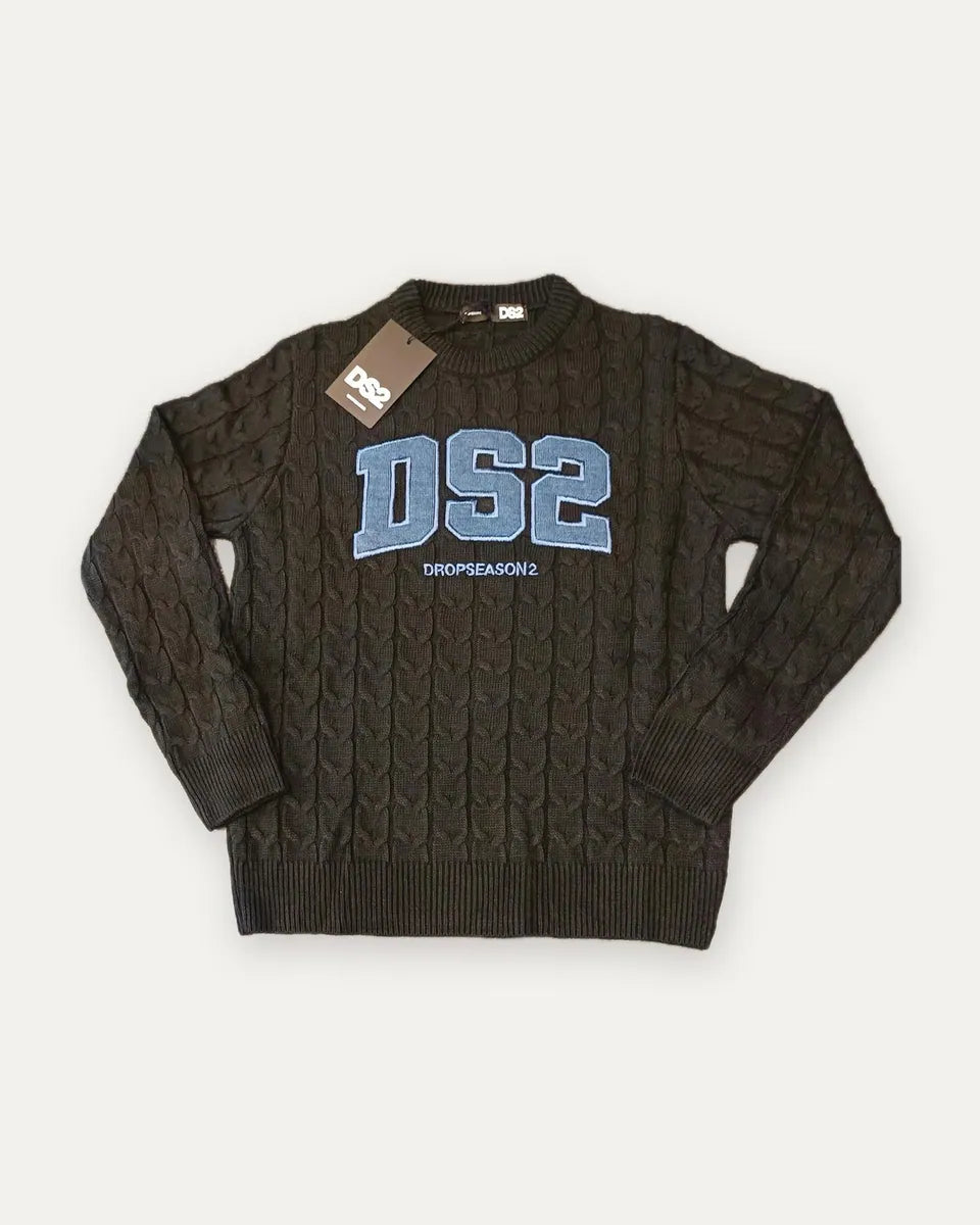 maglione a trecce con logo in denim ds2, nero