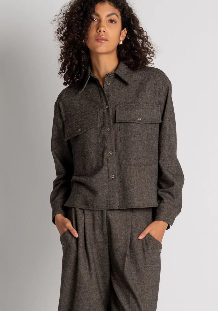 camicia oversize in tweed misto lana fracomina, marrone, foto 3 di 4