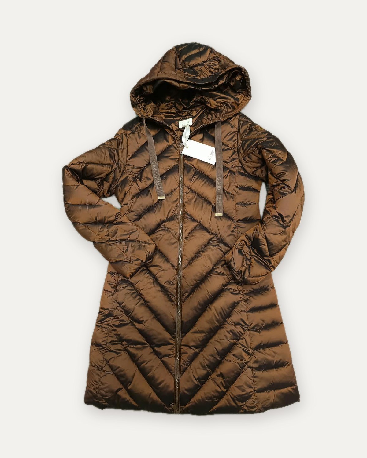 piumino lungo lucido con cappuccio gaudì, bronzo