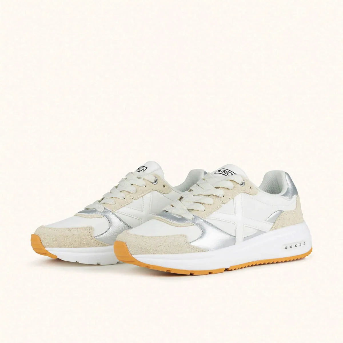 sneaker aurea con inserti scamosciati munich, bianco, argento e beige, foto 3 di 4