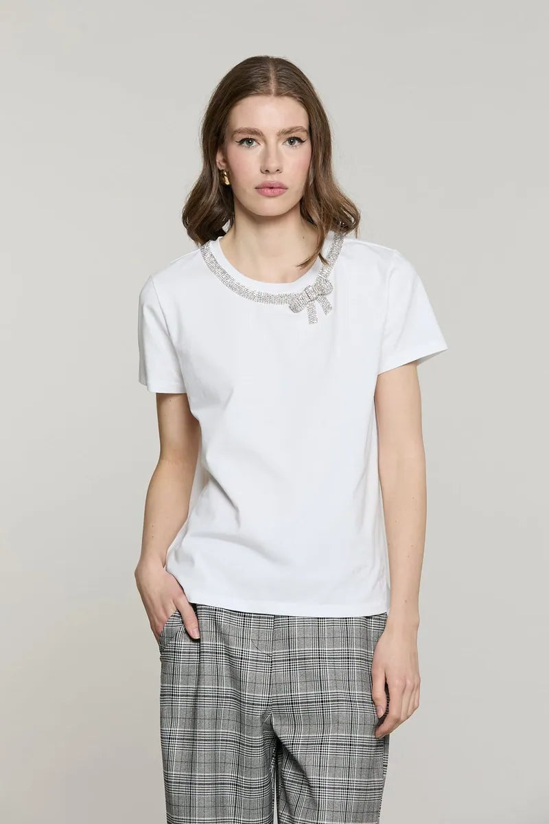 t-shirt girocollo con fiocco di strass relish, bianco, foto 1 di 3