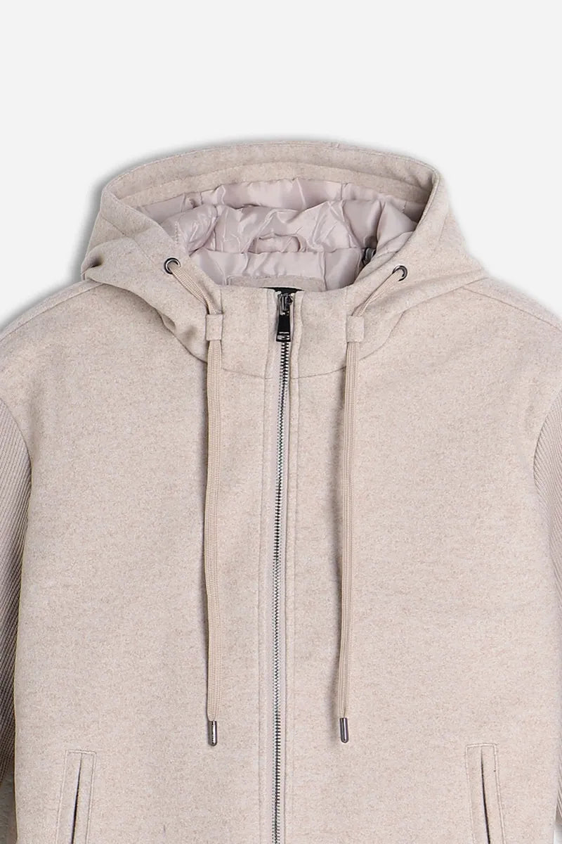 giubbotto in panno con zip, cappuccio e maniche in costina sonny bono, beige, foto 2 di 3