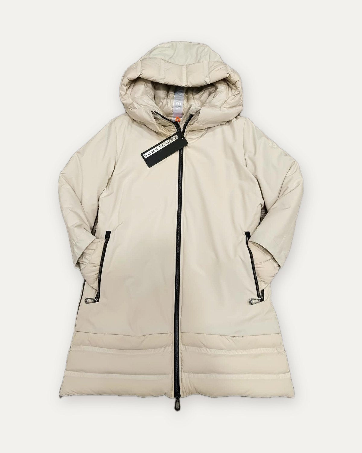 piumino lungo con cappuccio sunstripes, crema