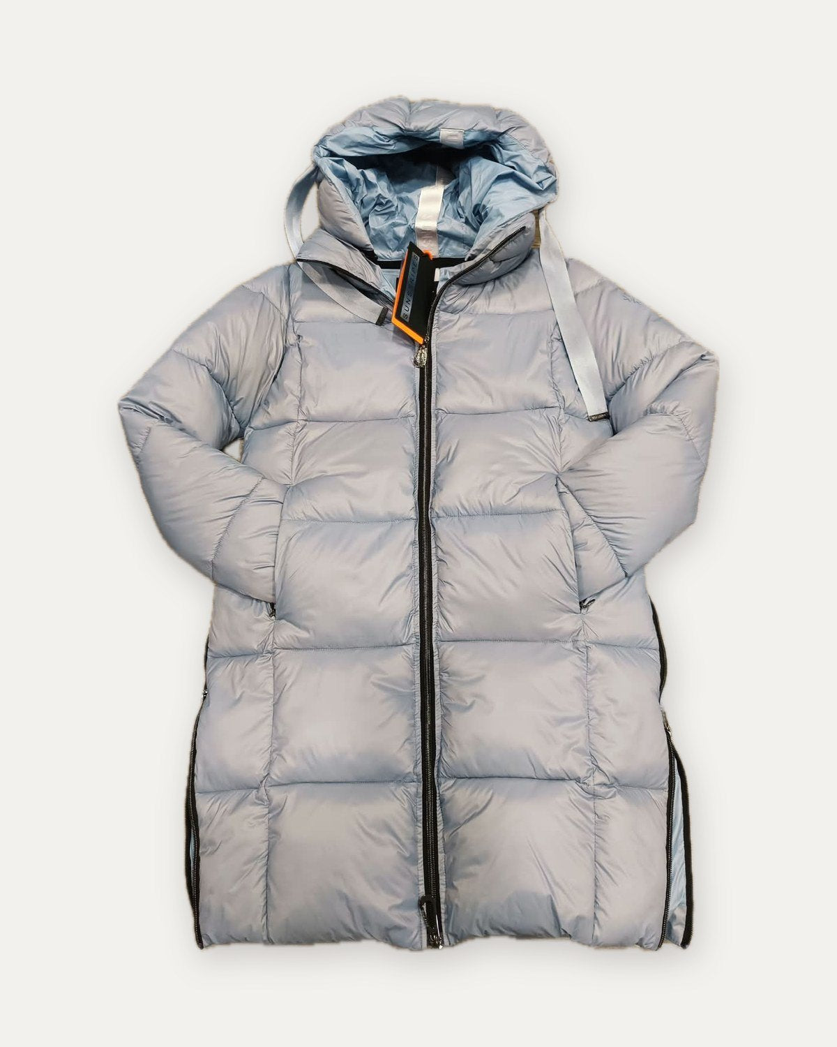 piumino lungo con cappuccio e spacchi sunstripes, celeste