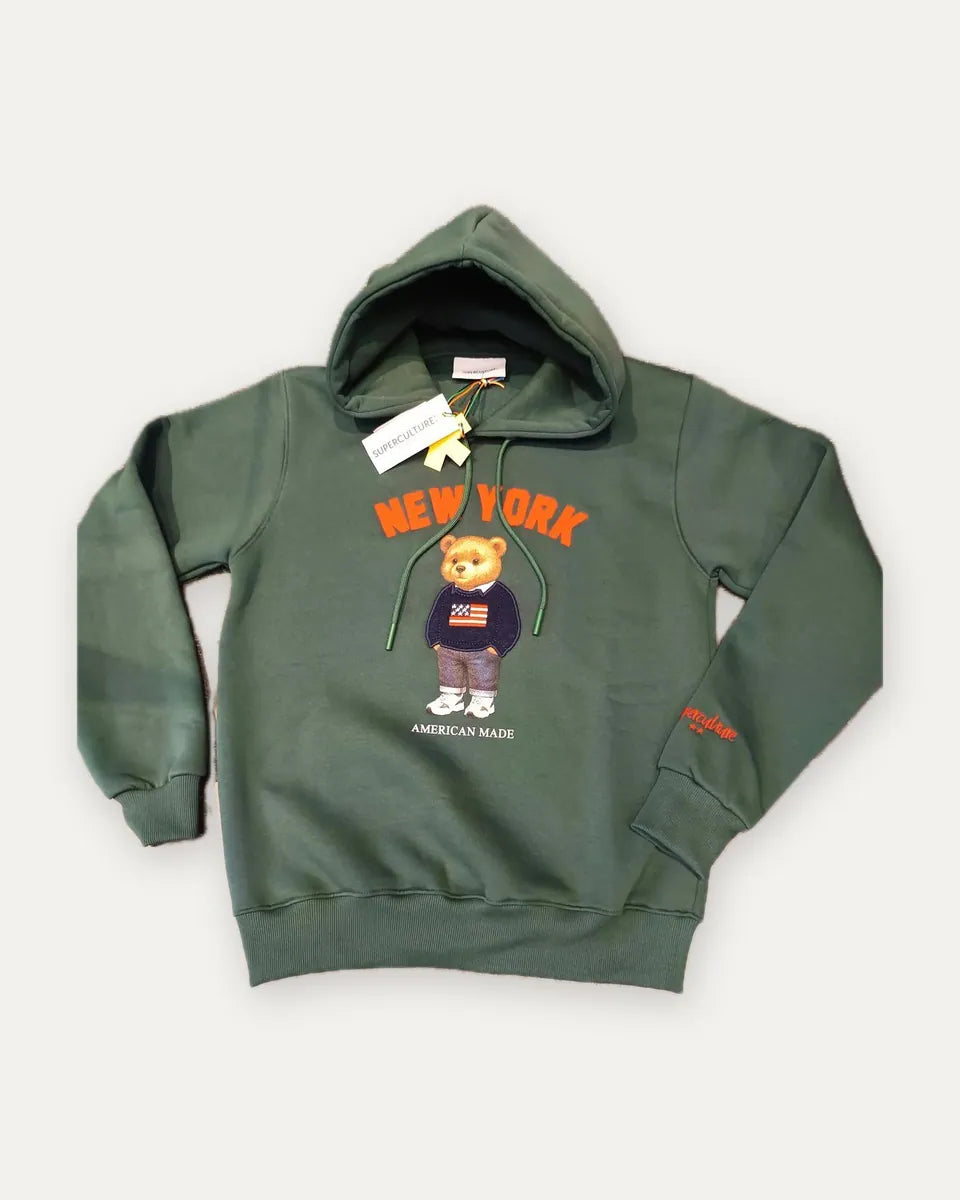 felpa con cappuccio new york con orsetto superculture, verde
