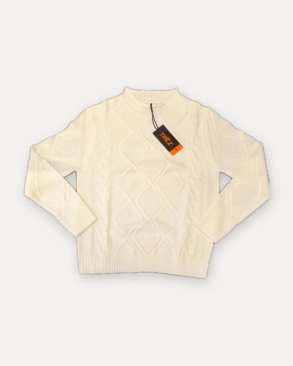 maglione a trecce e losanghe con collo a lupetto trēz, panna