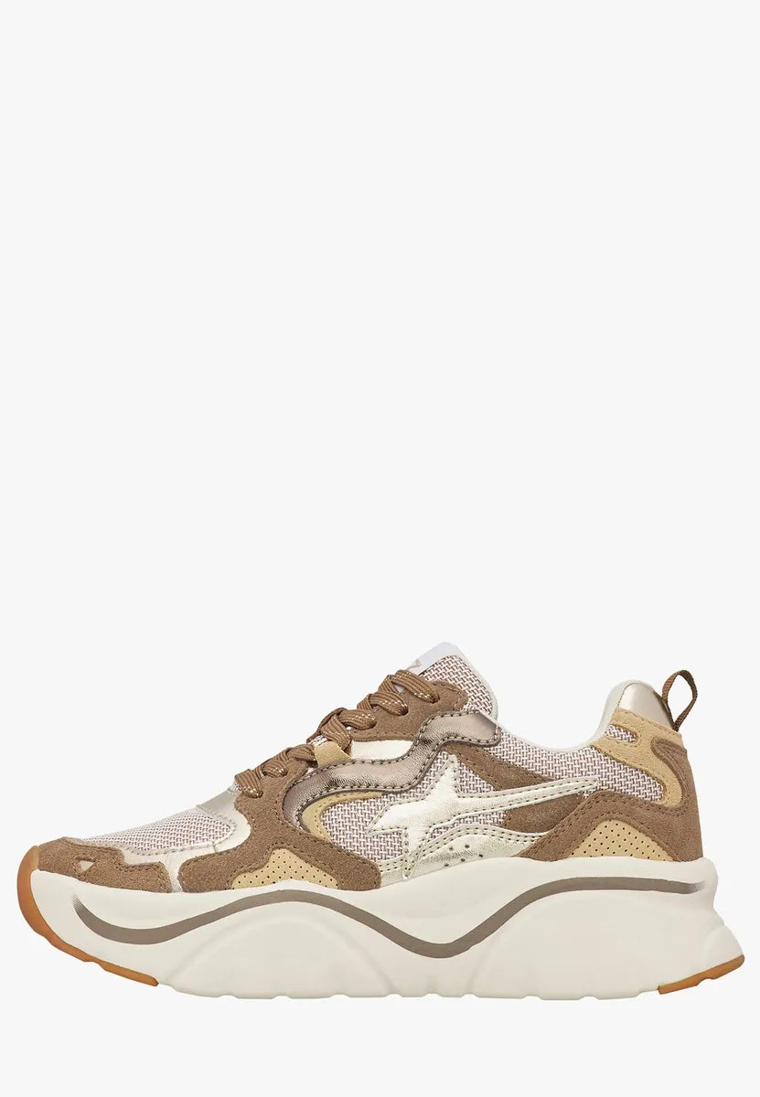 sneaker mia in pelle e tessuto con dettagli oro w6yz, tortora-oro, foto 1 di 4
