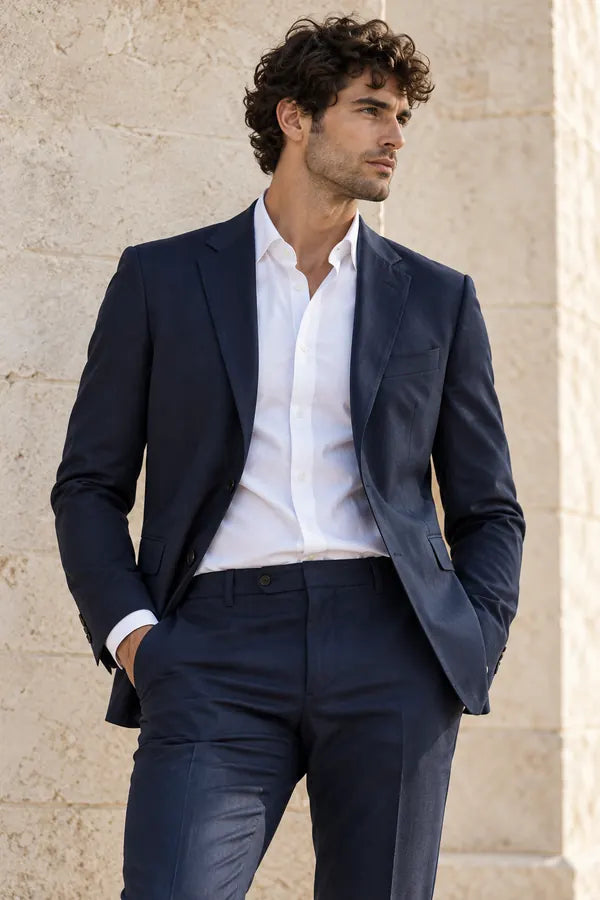 Uomo in abito blu e camicia bianca