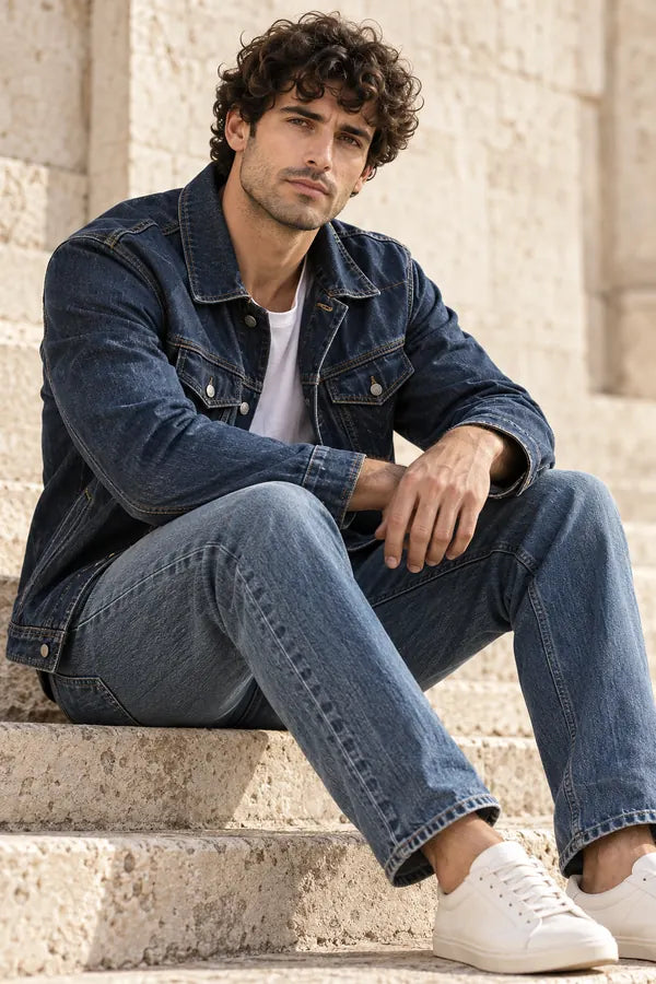 Uomo in giacca di jeans seduto su un gradino di pietra